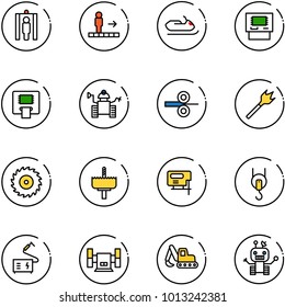 line vector icon set - metal detector gate vector, travolator, snowmobile, atm, robot, steel rolling, wood drill, saw disk, crown, jig, winch, welding, sharpening, excavator toy