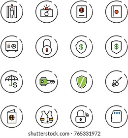 line vector icon set - metal detector gate vector, terrorism, passport, safe, lock, insurance, key, shield, life vest, wireless, micro flash card