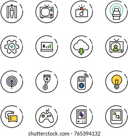 line vector icon set - metal detector gate vector, tv, terrorism, mri, heart gear, account statistics, download cloud, news, antenna, piston, music player, bulb, machine tool, joystick, game console