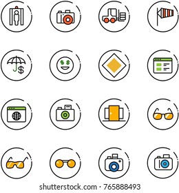 line vector icon set - metal detector gate vector, camera, fork loader, side wind, insurance, dollar smile, main road sign, website, browser globe, doors, sunglasses