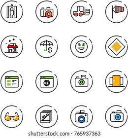 line vector icon set - metal detector gate vector, camera, fork loader, side wind, house, insurance, dollar smile, main road sign, website, browser globe, doors, sunglasses, photo