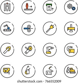 line vector icon set - metal detector gate vector, travolator, atm, gear, conveyor, steel rolling, wood drill, milling cutter, tile, Angular grinder, machine tool, jig saw, winch, welding