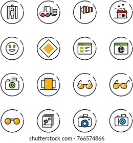 line vector icon set - metal detector gate vector, fork loader, side wind, house, dollar smile, main road sign, website, browser globe, camera, doors, sunglasses, photo