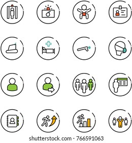 Line Vector Icon Set - Metal Detector Gate Vector, Terrorism, Baby, Identity, Treadmill, Hospital Bed, Push Ups, Medical Mask, User, Login, Group, Presentation, Contact Book, Career, Team Leader