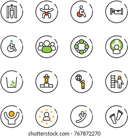 line vector icon set - metal detector gate vector, baby, disabled, hotel, group, friends, man globe, garbage, winner, world, opportunity, success, star, flying, feet