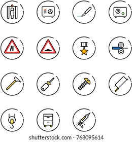 line vector icon set - metal detector gate vector, safe, scalpel, Road narrows sign, artificial unevenness, star medal, steel rolling, mason hammer, screwdriver, screw, hacksaw, winch, tool cabinet
