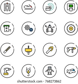 line vector icon set - metal detector gate vector, snowmobile, mri, atm, gear, robot, saw disk, drill, crown, tile, machine, winch, plane toy