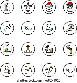 line vector icon set - metal detector gate vector, santa claus, power hand, abdominal muscles, medical mask, head hunter, tv news, winner, career, world, opportunity, feet, swimsuit