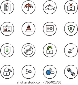 line vector icon set - metal detector gate vector, insurance, safety car, terrorism, identity, road cone, safe, end overtake limit sign, unlocked, key, wireless lock, surveillance camera, link