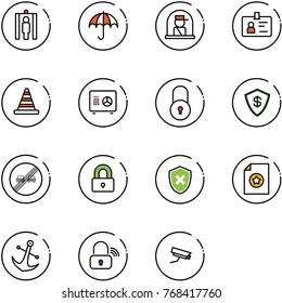line vector icon set - metal detector gate vector, insurance, officer window, identity, road cone, safe, lock, end overtake limit sign, locked, shield cross, certificate, anchor, wireless