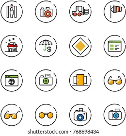 line vector icon set - metal detector gate vector, camera, fork loader, side wind, house, insurance, main road sign, website, browser globe, doors, sunglasses