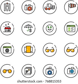 line vector icon set - metal detector gate vector, camera, fork loader, side wind, house, insurance, dollar smile, website, browser globe, doors, sunglasses, photo