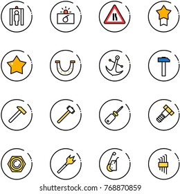 line vector icon set - metal detector gate vector, terrorism, Road narrows sign, star medal, luck, anchor, hammer, sledgehammer, screwdriver, bolt, nut, wood drill, winch, allen key set