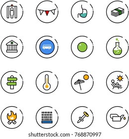 line vector icon set - metal detector gate vector, flag garland, stomach, dollar, bank, bus road sign, record, round flask, signpost, thermometer, beach, fire, binary code, nail dowel, oiler