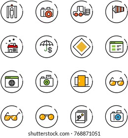 line vector icon set - metal detector gate vector, camera, fork loader, side wind, house, main road sign, website, browser globe, doors, sunglasses, photo