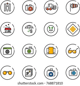 line vector icon set - metal detector gate vector, camera, fork loader, side wind, house, insurance, dollar smile, main road sign, browser globe, doors, sunglasses, photo