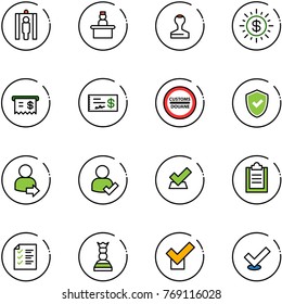 line vector icon set - metal detector gate vector, recieptionist, stamp, dollar sun, receipt, check, customs road sign, shield, user login, clipboard, list, chess queen