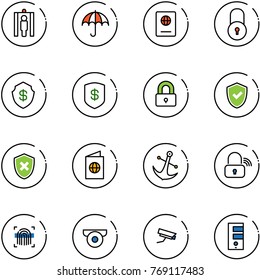 line vector icon set - metal detector gate vector, insurance, passport, lock, safe, locked, shield check, cross, anchor, wireless, fingerprint scanner, surveillance camera, server