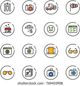 line vector icon set - metal detector gate vector, camera, fork loader, side wind, house, insurance, dollar smile, website, browser globe, doors, sunglasses, photo