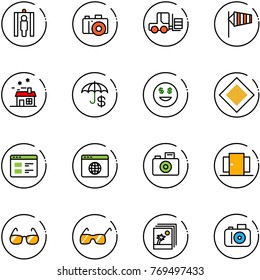 line vector icon set - metal detector gate vector, camera, fork loader, side wind, house, insurance, dollar smile, main road sign, website, browser globe, doors, sunglasses, photo