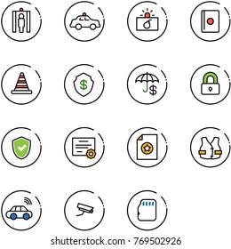line vector icon set - metal detector gate vector, safety car, terrorism, passport, road cone, safe, insurance, locked, shield check, certificate, life vest, wireless, surveillance camera