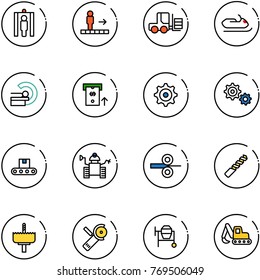 line vector icon set - metal detector gate vector, travolator, fork loader, snowmobile, mri, atm, gear, conveyor, robot, steel rolling, drill, crown, Angular grinder, cocncrete mixer, excavator toy