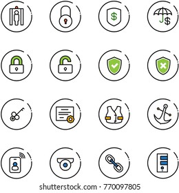 line vector icon set - metal detector gate vector, lock, safe, insurance, locked, unlocked, shield check, cross, key, certificate, life vest, anchor, identity card, surveillance camera, link, server