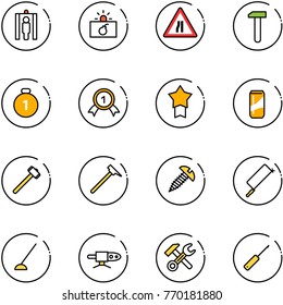 line vector icon set - metal detector gate vector, terrorism, Road narrows sign, work, gold medal, star, drink, sledgehammer, mason hammer, screw, hacksaw, hoe, pipe welding, wrench, awl