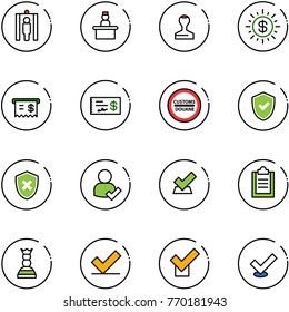 line vector icon set - metal detector gate vector, recieptionist, stamp, dollar sun, receipt, check, customs road sign, shield, cross, user, clipboard, chess queen