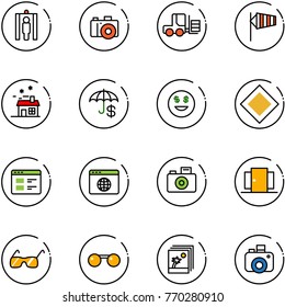 line vector icon set - metal detector gate vector, camera, fork loader, side wind, house, insurance, dollar smile, main road sign, website, browser globe, doors, sunglasses, photo