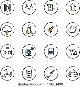 line vector icon set - metal detector gate vector, monero, atm, uplooad, upload cloud, rocket, printer wireless, joystick, speaker, sim, fine signal, wind mill, chip, screwdriver, gamepad