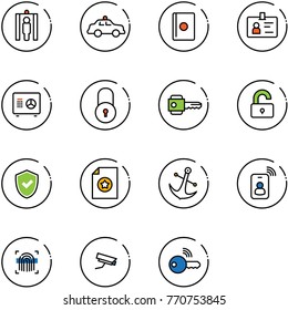line vector icon set - metal detector gate vector, safety car, passport, identity, safe, lock, key, unlocked, shield check, certificate, anchor, card, fingerprint scanner, surveillance camera