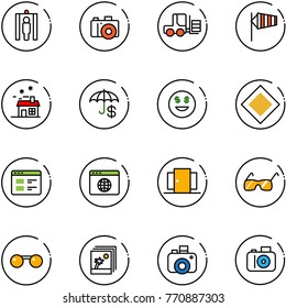 line vector icon set - metal detector gate vector, camera, fork loader, side wind, house, insurance, dollar smile, main road sign, website, browser globe, doors, sunglasses, photo