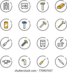 line vector icon set - metal detector gate vector, safe, work, gold, drink, hammer, mason, chisel, screw, tool cabinet, welding, pipe, allen key, awl, forceps