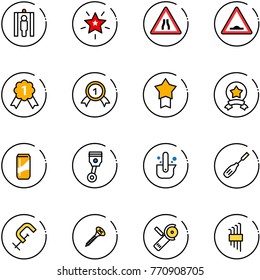 line vector icon set - metal detector gate vector, christmas star, Road narrows sign, artificial unevenness, gold medal, drink, piston, casting of steel, chisel, clamp, screw, Angular grinder