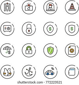 line vector icon set - metal detector gate vector, terrorism, officer window, road cone, safe, lock, insurance, locked, shield, certificate, life vest, anchor, car wireless, micro flash card