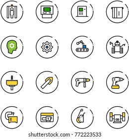 line vector icon set - metal detector gate vector, atm, brain work, gear, conveyor, robot, crown drill, tile, machine, tool, generator, winch, sharpening