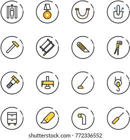 line vector icon set - metal detector gate vector, star medal, luck, casting of steel, hammer, bucksaw, work knife, plumber, bolt, milling cutter, hoe, winch, tool cabinet, allen key, awl