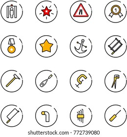 line vector icon set - metal detector gate vector, christmas star, Road narrows sign, gold medal, anchor, bucksaw, mason hammer, chisel, clamp, plumber, hacksaw, allen key, set, awl