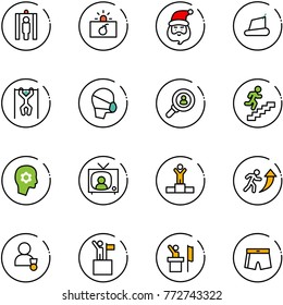 line vector icon set - metal detector gate vector, terrorism, santa claus, treadmill, pull ups, medical mask, head hunter, career, brain work, tv news, winner, win, speaker, swimsuit