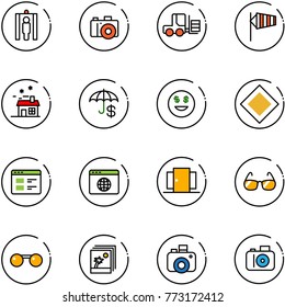 line vector icon set - metal detector gate vector, camera, fork loader, side wind, house, insurance, dollar smile, main road sign, website, browser globe, doors, sunglasses, photo