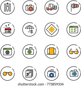 line vector icon set - metal detector gate vector, camera, fork loader, side wind, house, insurance, main road sign, website, browser globe, doors, sunglasses, photo