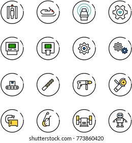 line vector icon set - metal detector gate vector, snowmobile, mri, heart gear, atm, conveyor, drill, machine, Angular grinder, tool, winch, sharpening, robot