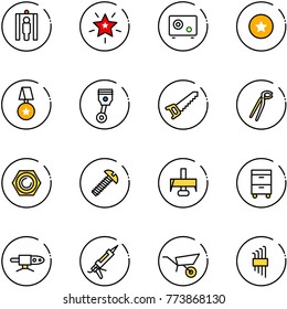 line vector icon set - metal detector gate vector, christmas star, safe, medal, piston, saw, plumber, nut, screw, milling cutter, tool cabinet, pipe welding, gun sealant, wheelbarrow, allen key set