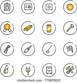 line vector icon set - metal detector gate vector, safe, star medal, gold, drink, sledgehammer, plumber, screwdriver, hoe, cocncrete mixer, winch, tool cabinet, wrench hammer