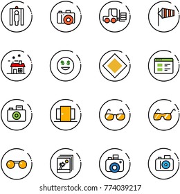 line vector icon set - metal detector gate vector, camera, fork loader, side wind, house, dollar smile, main road sign, website, doors, sunglasses, photo