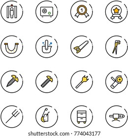 line vector icon set - metal detector gate vector, safe, gold medal, star, luck, casting of steel, saw, plumber, screw, wood drill, Angular grinder, farm fork, winch, tool cabinet, pipe welding