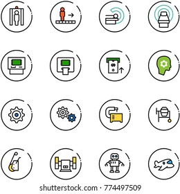 line vector icon set - metal detector gate vector, travolator, mri, atm, brain work, gear, machine tool, cocncrete mixer, winch, sharpening, robot, plane toy