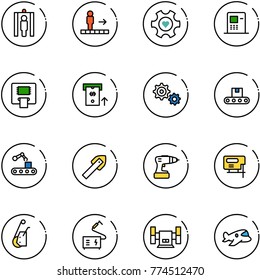 line vector icon set - metal detector gate vector, travolator, heart gear, atm, conveyor, tile drill, jig saw, winch, welding, sharpening, plane toy