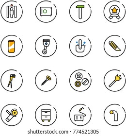 line vector icon set - metal detector gate vector, safe, work, star medal, drink, piston, casting of steel, knife, plumber, screw, rivet, wood drill, Angular grinder, tool cabinet, welding